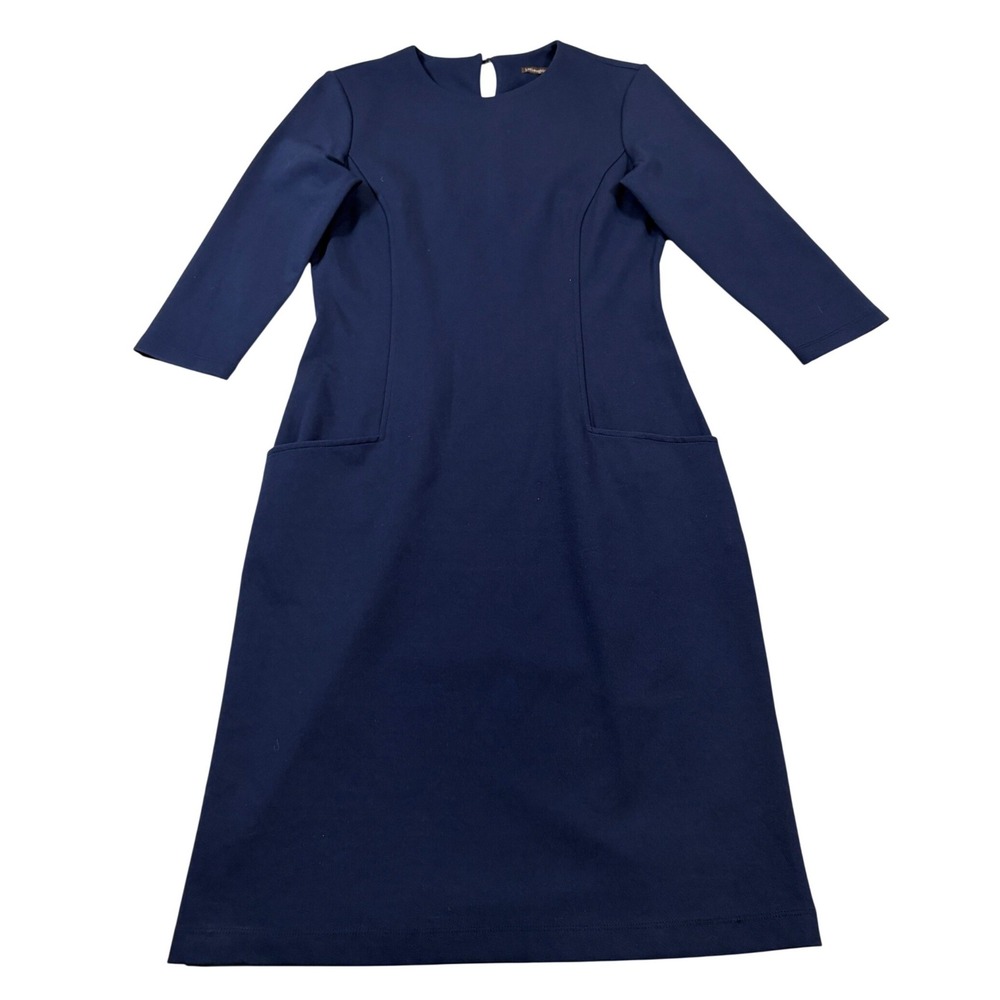 J.McLaughlin Navy Blue Sheath Dress XS 3/4 Sleeve Pocket Stretch Knit Crew Neck